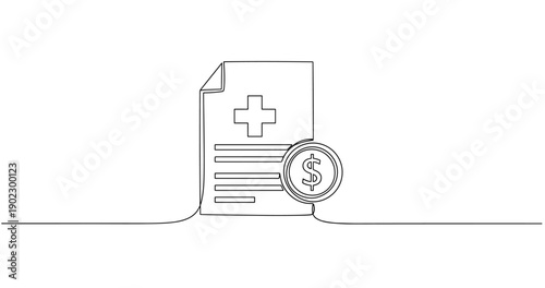 Continuous line drawing of medical bill with dollar sign symbolizing healthcare costs. No editable stroke