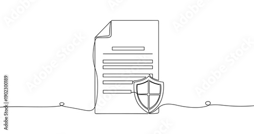 Continuous line art shield and document illustration for security and legal protection. No editable stroke