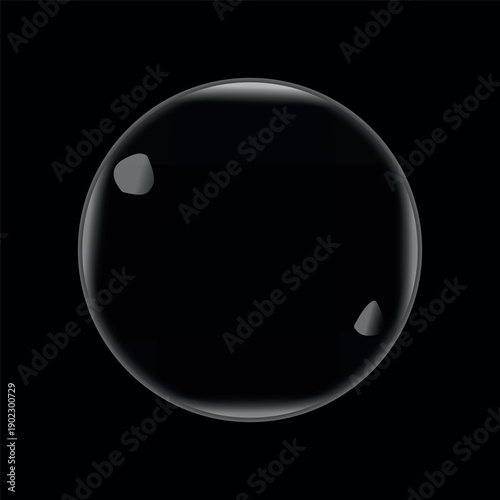 Transparent Soap Bubble with Realistic Glossy Reflections Isolated on Black Background