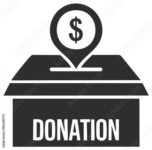 Donation box with dollar sign location marker on top symbolizing charitable giving and financial support
