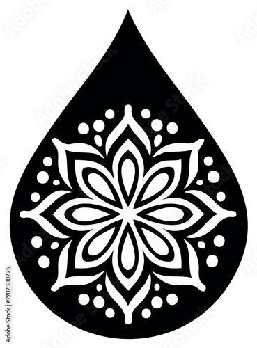Black and white floral mandala design within a teardrop shape, spiritual art element.