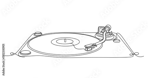 Minimalist line art turntable design with vinyl record and stylus. Non editable stroke