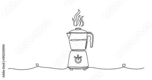 Continuous line drawing of coffee maker with steam on white background. Non editable stroke