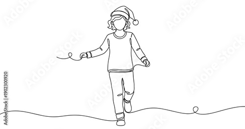 Line art of young caucasian child in santa hat jumping rope. Non editable stroke