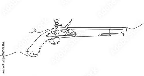 Continuous line art of vintage flintlock pistol with minimalist design. Non editable stroke