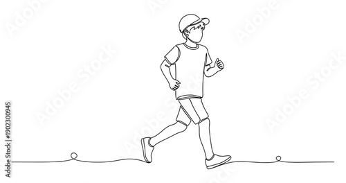 Line art of young caucasian male child running in athletic outfit. Non editable stroke