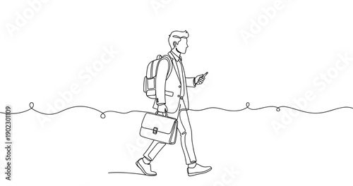 Continuous line drawing of young caucasian male walking with backpack and briefcase. Non editable stroke