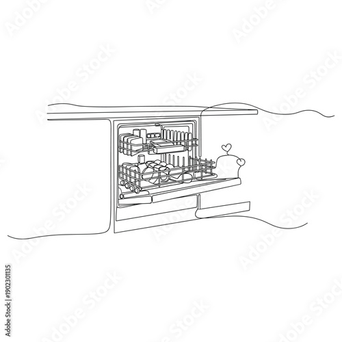 Continuous line art dishwasher with dishes and heart motif decor. Non editable stroke