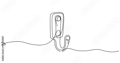 Continuous line drawing of telephone receiver with cord on white background. Non editable stroke