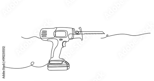 Continuous line drawing of a cordless electric saw. Non editable stroke