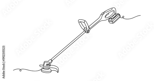 Line art illustration of cordless electric weed trimmer for garden maintenance. Non editable stroke