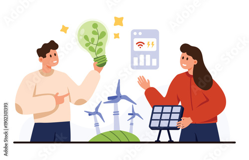 Two people presenting eco-friendly ideas with wind turbines, solar panel, and green lightbulb symbolizing renewable energy, sustainability, and innovation isolated on white background vector