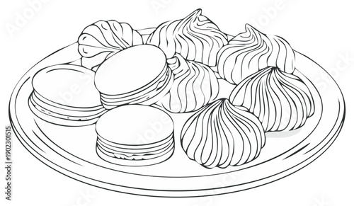 Sweet dessert plate with meringues macarons and pastry line art coloring illustration