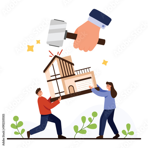 Large gavel striking modern house held by two people symbolizes real estate market, mortgage rates, property value changes, financial decisions, home ownership, isolated on white background vector