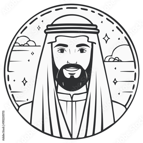 Stylized Illustration of a Smiling Man Wearing Traditional Arab Headwear and Clothing