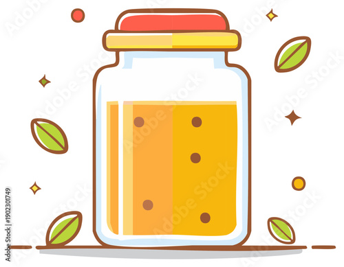 Jar of honey with leaves and dots illustration