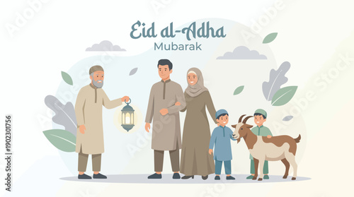 Eid al Adha Vector Illustration Family Celebration Lantern Goat Clouds Decorative Background Islamic Holiday Design Template for Greeting Invitation Tradition Culture Faith Festival Mubarak