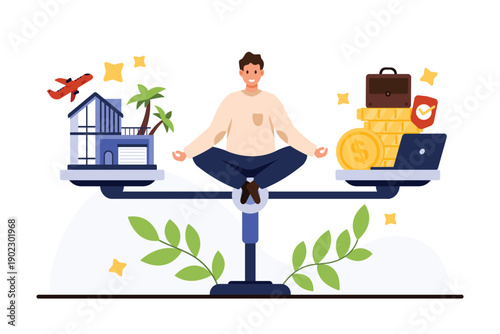 Person meditating on scales balancing home travel and career money success showing harmony between personal and professional priorities isolated on white background vector illustration