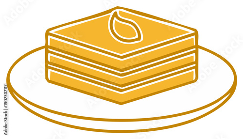 Traditional sweet layered baklava dessert on a plate with nut topping vector icon
