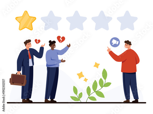 Business people receiving one star rating and negative feedback with broken hearts and thumbs down symbol, expressing disappointment and dissatisfaction, isolated on white background vector