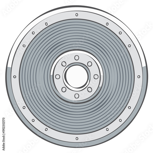 Circular metallic disk with concentric rings and a central hub with multiple bolt holes