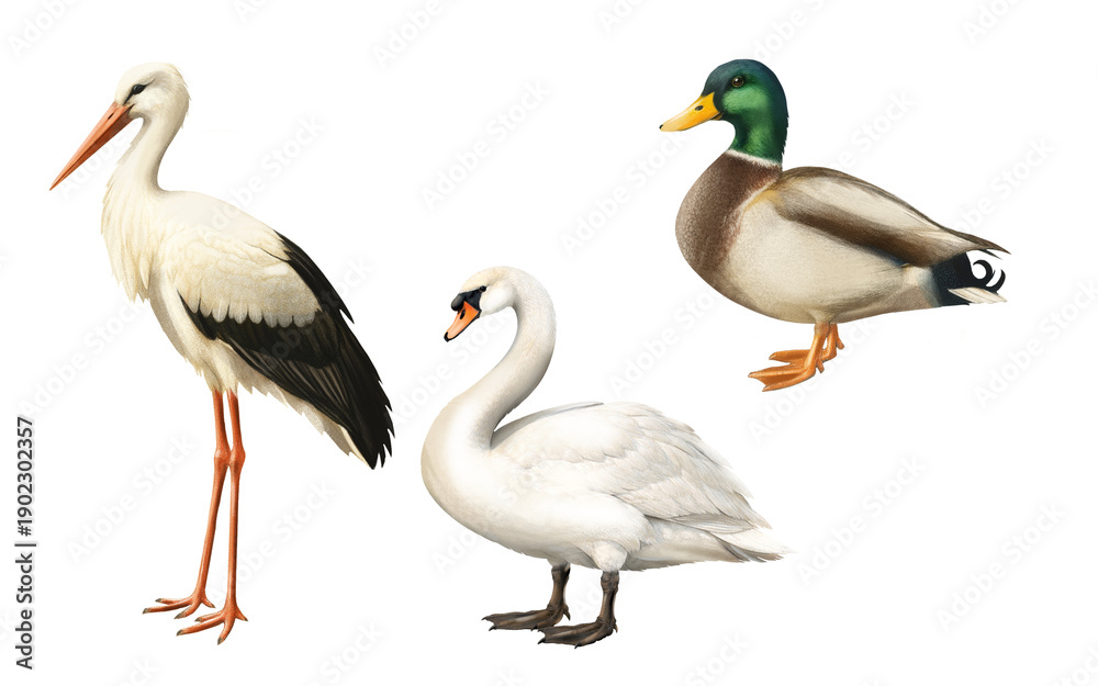 Fototapeta premium Wild Water Birds Clipart Collection – White Stork, Swan, Mallard Duck, Birds Isolated Illustration, Ornithology Art, Water Birds