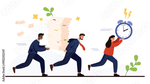 Business people running with paperwork and clock symbolizing deadline pressure teamwork stress office tasks urgency productivity concept isolated on white background vector illustration
