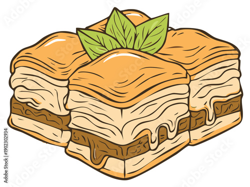 Cartoon Illustration of Traditional Baklava Pastries Topped with Fresh Green Leaves, Delicious Middle Eastern Dessert