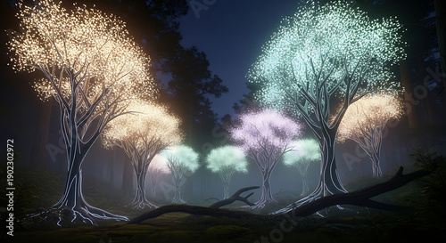 Mystical forest scene with glowing trees and fallen branches viewed from a distance at dusk