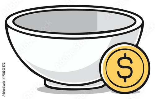 Empty Bowl and Coin Symbolizing Financial Hardship and Charity