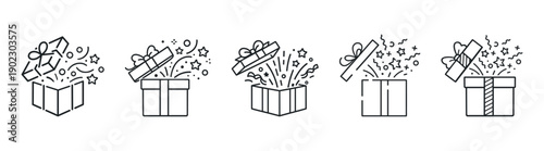 Gift box icon set with ribbons and sparkles, open present collection, black outline vector illustration on transparent background