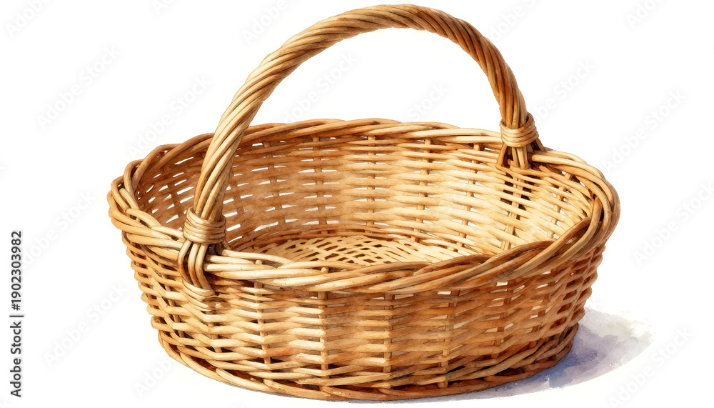 Fototapeta premium Empty woven wicker basket with a curved handle on a white background