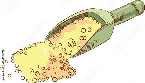 A scoop of yellow powder is poured out of a green bottle