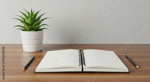 An open notebook lies on a wooden desk beside a pencil and a small potted plant.