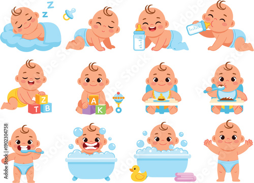 Adorable cartoon baby character set with various daily activities including sleeping crawling playing eating and bathing for nursery and parenting design vector illustration