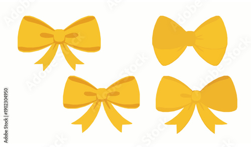 Cute gold ribbon bow cartoon vector illustration set for Christmas gifts and cards