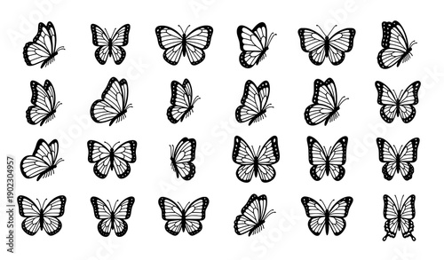 Black butterfly doodle silhouette icon set vector with artistic wing shapes for creative branding