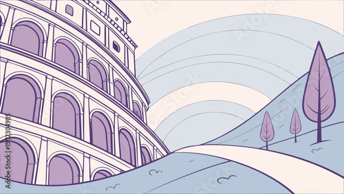 Ancient Roman Colosseum in scenic landscape with trees