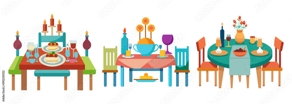 Fototapeta premium Joyful family dinner scene with colorful table setting and chairs