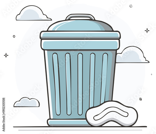 Cartoon-style trash can with discarded trash and clouds
