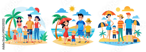 Happy families enjoying a sunny day at the beach together