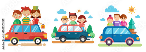 Happy family road trip fun with cars and kids