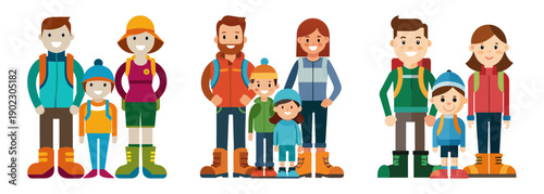 Cartoon family dressed for hiking ready for adventure