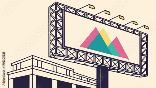 Vibrant billboard with colorful mountain peaks at sunset