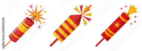 Three red and yellow firecrackers ready for celebration