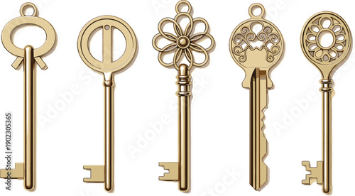 Antique golden skeleton keys collection set isolated on white background for vintage mystery secret and security concept design vector illustration elements