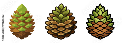 Three stylized fir tree cones with detailed scales and varied coloring