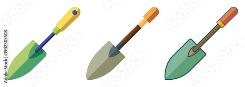 Three gardening trowels with colorful handles isolated for your projects
