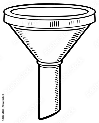Black and white line art drawing of a simple funnel for pouring and transferring