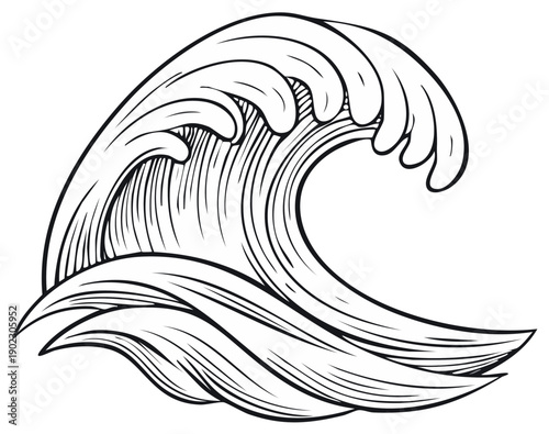 Stylized Line Art Wave Illustration Isolated Black and White Drawing